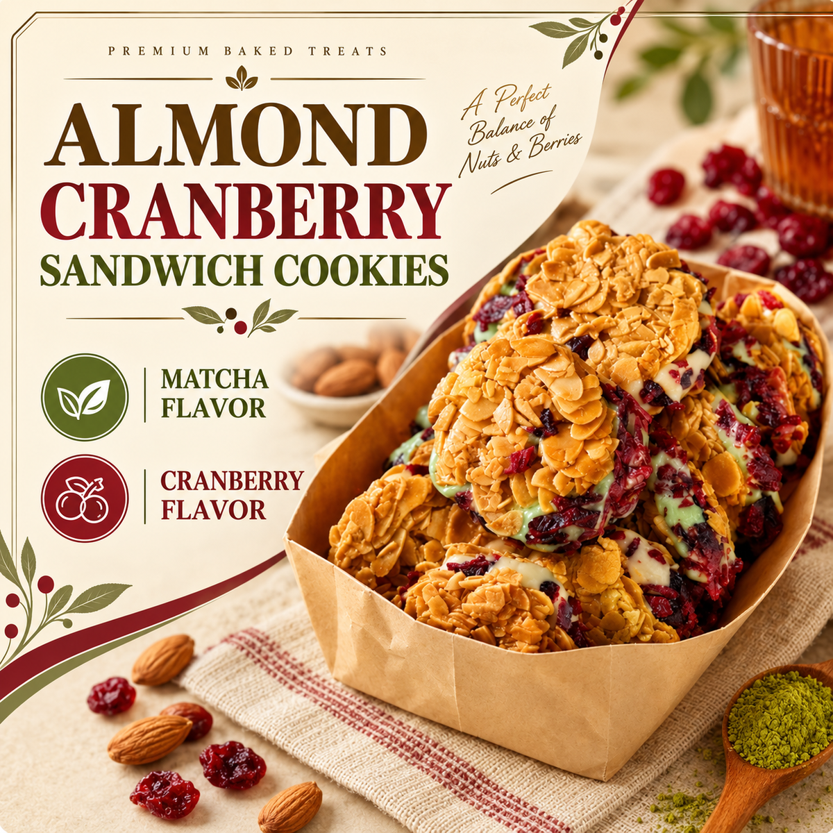 😋Cranberry & Matcha Crispy Sandwich Cookies-A guilt-free, satisfying bite designed for healthier daily snacking-Finn